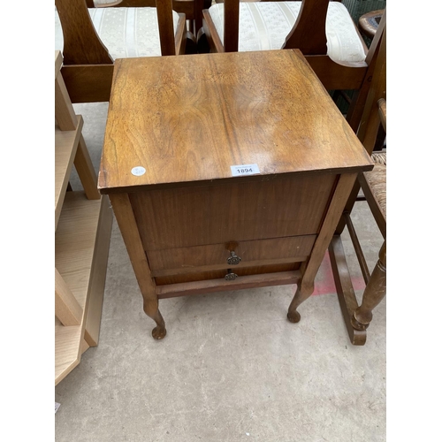 1894 - A SMALL WALNUT SEWING BOX ON CABRIOLE LEGS AND A RUSH SEATED CHILDS ROCKER