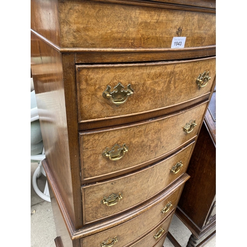 1943 - A REPRODUCTION WALNUT BOWFRONTED CHEST ON CHEST OF SIX GRADUATED DRAWERS, 21