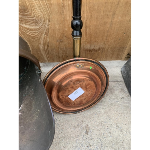 1205 - A BRASS BED PAN WARMER AND A LARGE COPPER COAL SKUTTLE