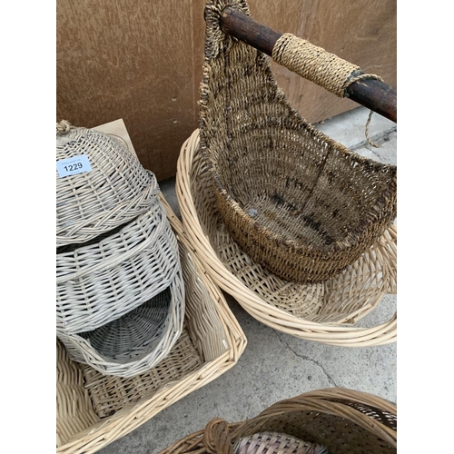 1229 - A LARGE QUANTITY OF WICKER ITEMS TO INCLUDE PICNIC BASKET AND FURTHER BASKETS