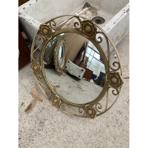 1245 - TWO MAHOGANY WALL MIRRORS, ONE WROUGHT IRON ORNATE MIRROR AND FURTHER WALL MIRROR