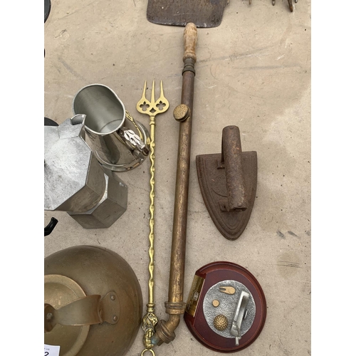 1282 - A COLLECTION OF VINTAGE ITEMS TO INCLUDE BRASS PUMP, FLAT IRON, KETTLE, CANDLE STAND ETC.