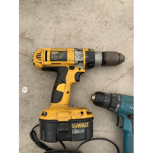 1288 - TWO MAKITA BATTERY DRILLS WITH BATTERIES AND CHARGER AND A DEWALT BATTERY DRILL WITH BATTERY AND CHA... 