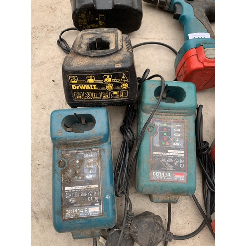 1288 - TWO MAKITA BATTERY DRILLS WITH BATTERIES AND CHARGER AND A DEWALT BATTERY DRILL WITH BATTERY AND CHA... 