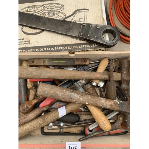 1292 - A QUANTITY OF HAND TOOLS TO INCLUDE HAMMERS, SPANNERS, A TWO SPEED BAND SAW CONVERSION KIT ETC.