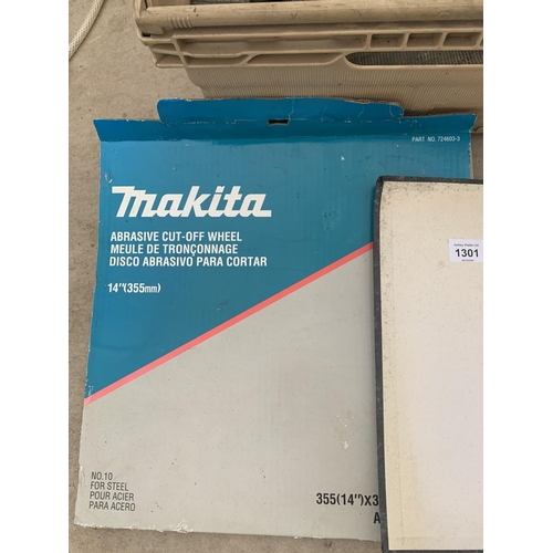 1301 - FOUR MAKITA ABRASIVE CUT OFF WHEELS, FURTHER ITEMS TO INCLUDE MOTORCYCLING MAGAINES, BOXES WITH CONT... 