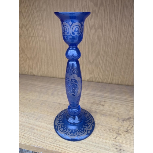 1327 - A COLLECTION OF SCENT OR VINEGAR BOTTLES AND A COBALT BLUE CANDLE STICK