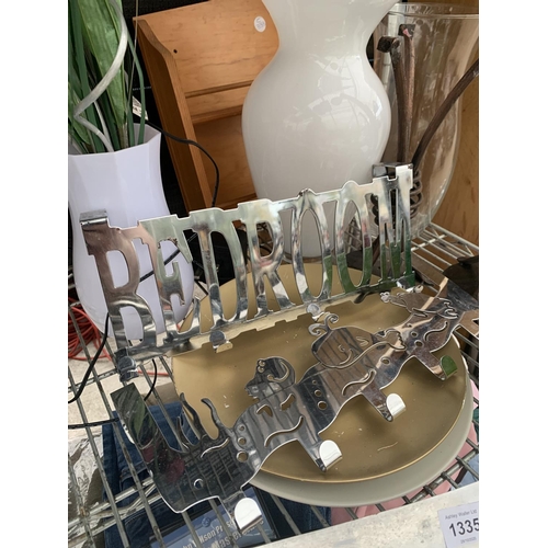 1335 - VARIOUS ITEMS TO INCLUDE VASES, COAT HOOKS, WHISK ETC.