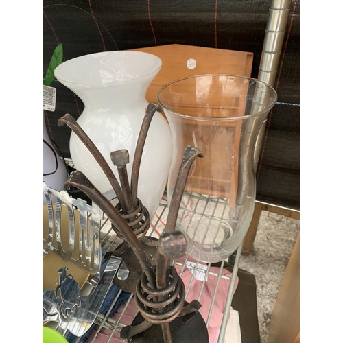 1335 - VARIOUS ITEMS TO INCLUDE VASES, COAT HOOKS, WHISK ETC.