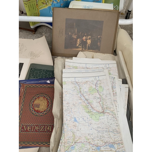 1343 - A LARGE QUANTITY OF ORDNANCE SURVEY MAPS AND OTHER VARIOUS POSTERS AND PICTURES