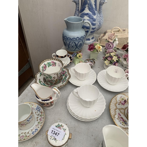 1347 - A MIXED QUANTITY OF CERAMICS TO INCLUDE CUPS AND SAUCERS, STONEWARE JUG ETC.