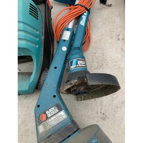 1353 - A BOSCH LAWN MOWER AND TWO BLACK AND DECKER STRIMMERS - W/O