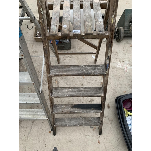 1358 - TWO SETS OF STEP LADDERS, ONE FOUR RUNG VINTAGE SET AND A SIX RUNG METAL STEP LADDER