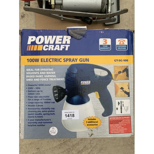 1418 - A POWER CRAFT ELECTRIC SPRAY GUN, A FOOT PUMP AND A BIKEMATE BIKE STORAGE LIFT