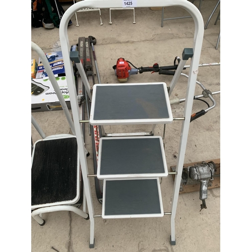 1425 - A THREE RUNG STEP LADDER, A KITCHEN STEP STOOL AND TWO TROLLEYS