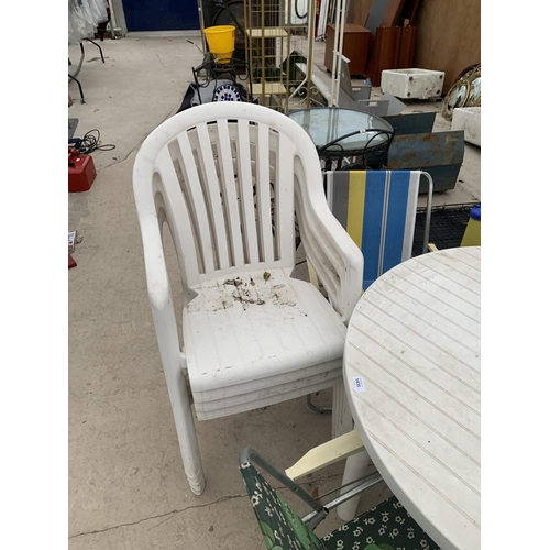 1435 - A PLASTIC GARDEN TABLE AND TWO SETS OF FOUR CHAIRS