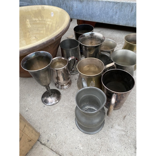 1464 - ELEVEN PEWTER TANKARDS AND GOBLETS, STONEWARE BOWL, VINTAGE FIRE TILES