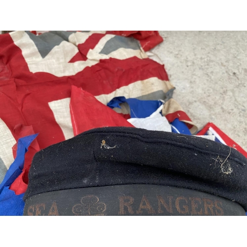 1469 - A SEA RANGERS BERET AND VARIOUS UNION JACK FLAGS AND BUNTING