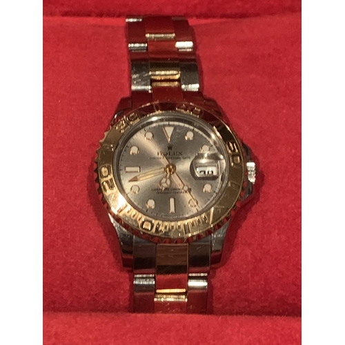 501 - A 2004 ROLEX YACHT MASTER LADIES BI-METAL WRISTWATCH WITH ORIGINAL BOX, PAPERS AND EXTRA LINK