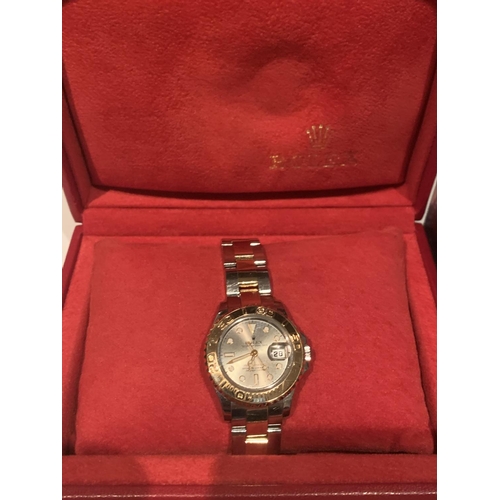 501 - A 2004 ROLEX YACHT MASTER LADIES BI-METAL WRISTWATCH WITH ORIGINAL BOX, PAPERS AND EXTRA LINK