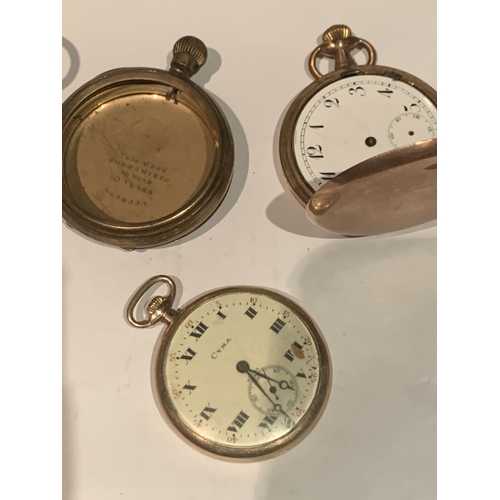 642 - TWO GOLD PLATED POCKET WATCHES, MOVEMENTS WORKING AND FOUR GOLD PLATED POCKET WATCH CASES