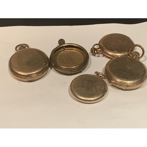 642 - TWO GOLD PLATED POCKET WATCHES, MOVEMENTS WORKING AND FOUR GOLD PLATED POCKET WATCH CASES