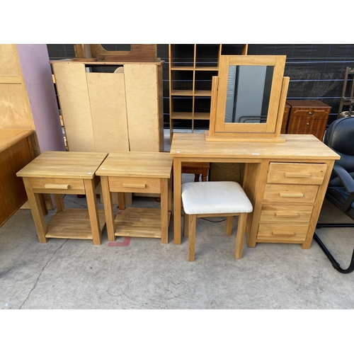 2145 - A MODERN OAK DRESSING TABLE COMPLETE WITH MIRROR, STOOL AND PAIR OF BEDSIDE TABLES