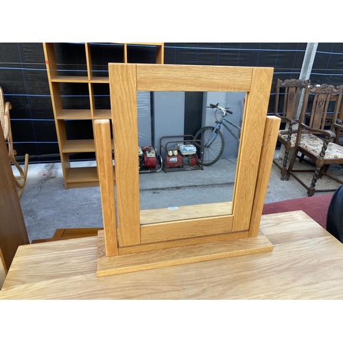 2145 - A MODERN OAK DRESSING TABLE COMPLETE WITH MIRROR, STOOL AND PAIR OF BEDSIDE TABLES