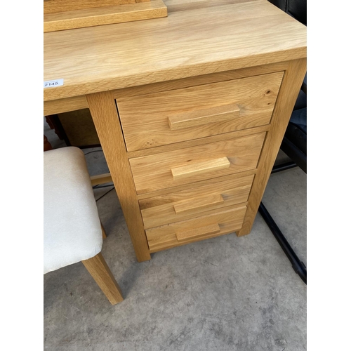 2145 - A MODERN OAK DRESSING TABLE COMPLETE WITH MIRROR, STOOL AND PAIR OF BEDSIDE TABLES