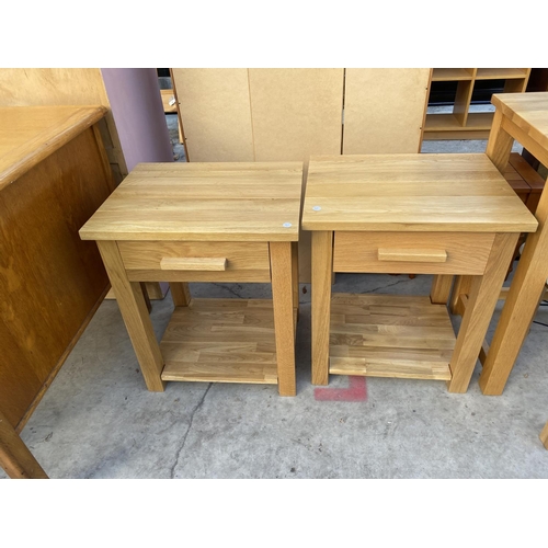 2145 - A MODERN OAK DRESSING TABLE COMPLETE WITH MIRROR, STOOL AND PAIR OF BEDSIDE TABLES