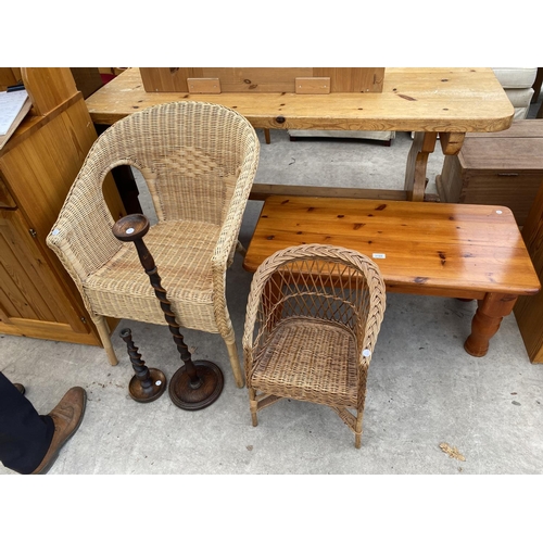 2149 - TWO WICKER CONSERVATORY CHAIRS AND A PINE COFFEE TABLE ETC