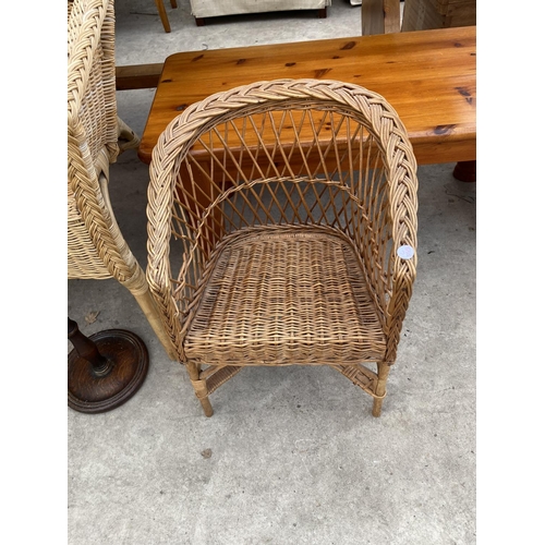 2149 - TWO WICKER CONSERVATORY CHAIRS AND A PINE COFFEE TABLE ETC