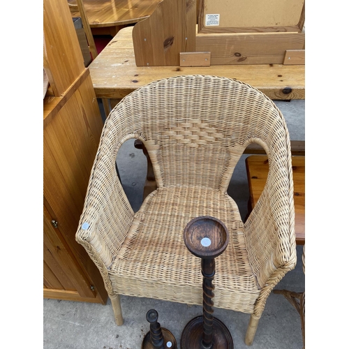 2149 - TWO WICKER CONSERVATORY CHAIRS AND A PINE COFFEE TABLE ETC