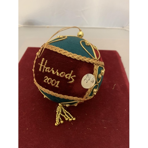 103 - A LARGE VELVET CHRISTMAS BAUBLE WITH GOLD EMBROIDERED DETAIL 'HARRODS 2001'