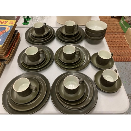 108 - A DENBY DINNER SERVICE TO INCLUDE TRIOS, TWO PLATES  PER PLACE SETTING AND BOWLS