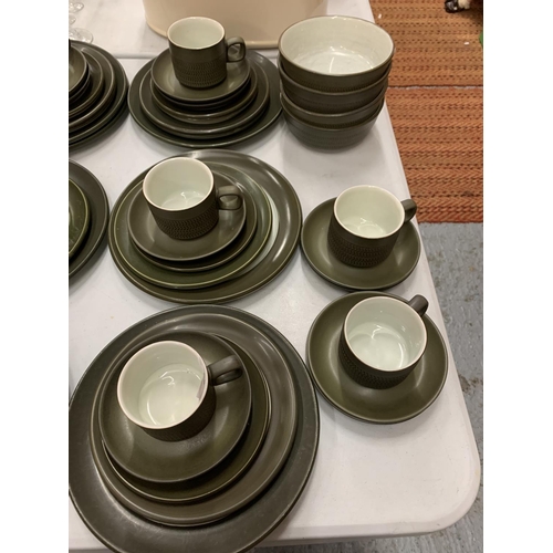 108 - A DENBY DINNER SERVICE TO INCLUDE TRIOS, TWO PLATES  PER PLACE SETTING AND BOWLS