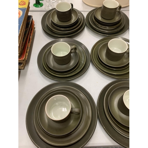 108 - A DENBY DINNER SERVICE TO INCLUDE TRIOS, TWO PLATES  PER PLACE SETTING AND BOWLS