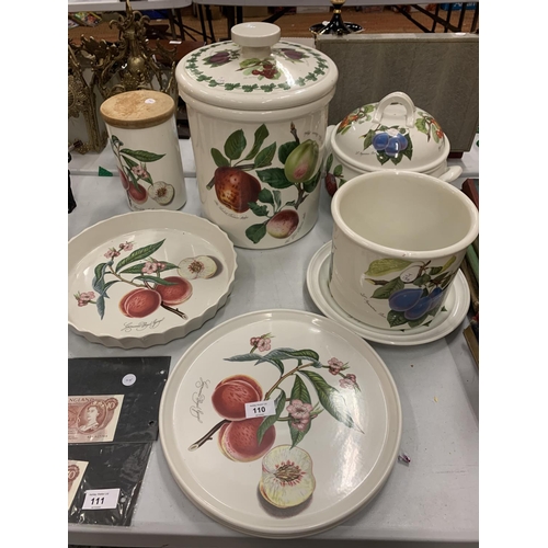 110 - A GROUP OF PORTMERION POMONA TO INCLUDE TWO PLATTERS, FLAN DISH, BREAD BIN ETC