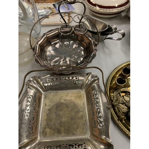 116 - THREE SILVER PLATED BASKETS, A CRUET STAND, DISH AND SAUCEBOATS