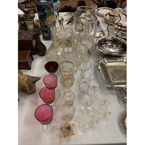 117 - A QUANTITY OF ASSORTED GLASSWARE TO INCLUDE DECANTERS ETC