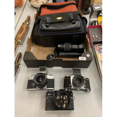 120 - A ZENIT CAMERA AND TWO EXAKTA CAMERA, VARIOUS LENSES AND TWO CASES