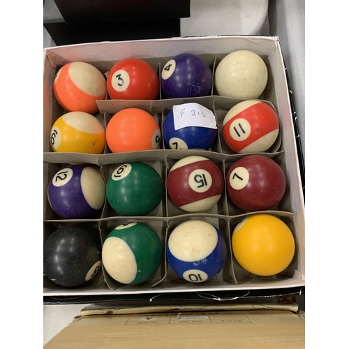 141 - A BOX OF COSTUME JEWELLERY AND BOX OF POOL BALLS