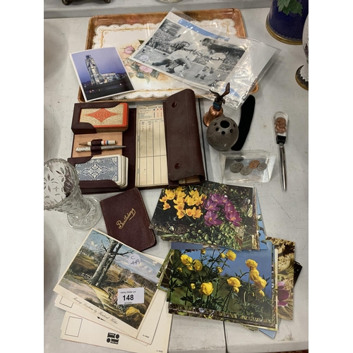 148 - A BRIDGE SET, COIN PAPERWEIGHT AND LETTER OPENER, GROUP OF POSTCARDS ETC