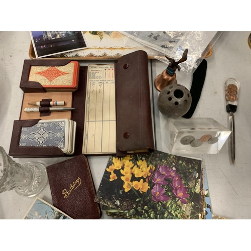 148 - A BRIDGE SET, COIN PAPERWEIGHT AND LETTER OPENER, GROUP OF POSTCARDS ETC