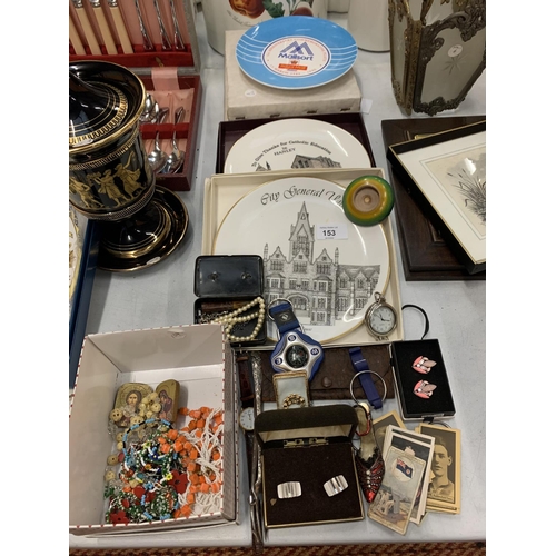 153 - THREE COMMEMORATIVE PLATES TO INCLUDE ROYAL DOULTON AND ROYAL ALBERT, ALONG WITH COSTUME JEWELLERY E... 