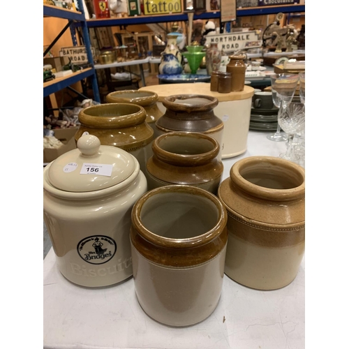 156 - A QUANTITY OF STONEWARE JARS, BREADBIN ETC