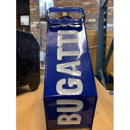 167 - A BLUE METAL BUGATTI PETROL CAN WITH A BRASS TOP