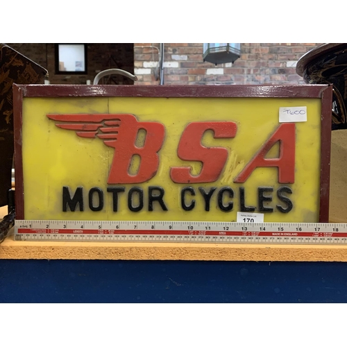 170 - A 'BSA MOTOR CYCLES' ILLUMINATED LIGHT BOX SIGN