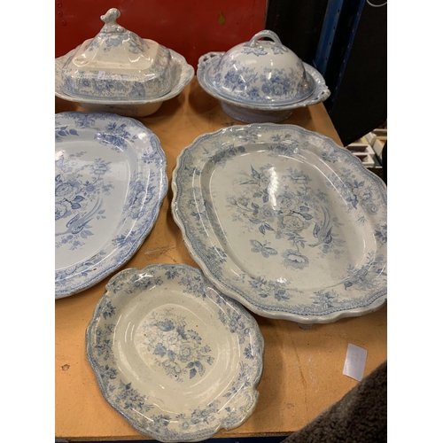 181 - A QUANTITY OF VINTAGE BLUE AND WHITE POTTERY TO INCLUDE THREE TUREENS WITH LIDS