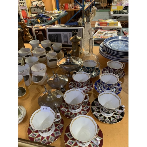 193 - A SELECTION OF VARIOUS TEA SET ITEMS TO INCLUDE 'ROYAL ALBERT' CUPS AND SAUCERS